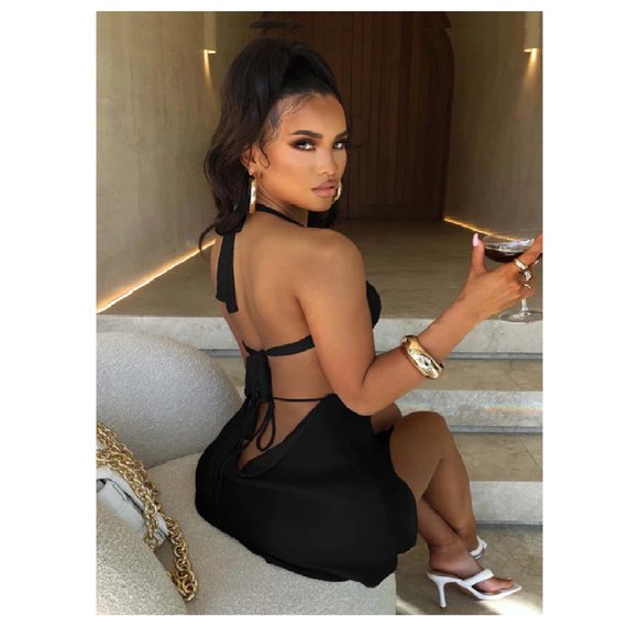 Backless Halter Neck Cut Out Dress Hollow Out Micro Mini Black Cocktail Dress - Picture 5 of 8